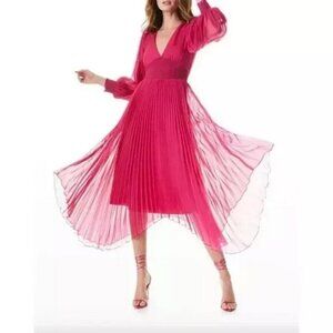 Alice + Olivia Fuchsia Pink Sion Sunburst Pleated Midi Dress